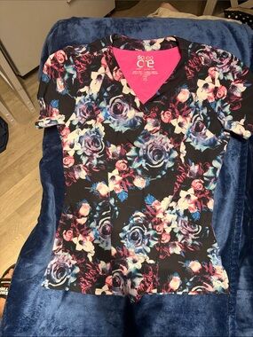 Barco Uniforms Floral V-Neck Scrub Top in Black with Pink & Blue Roses
